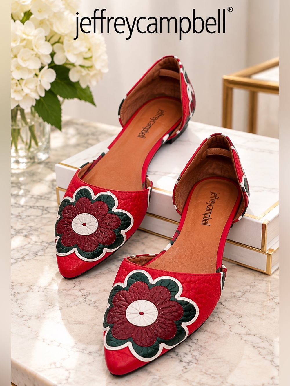Jeffrey Campbell Red Floral Pointed-Toe D’Orsay Flats Size 8.5